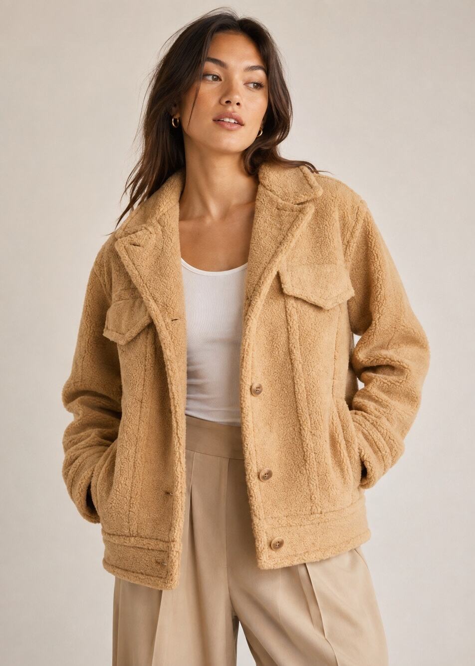 Vince Faux Sherpa Trucker Jacket Size L in Desert Camel Furry Shearling